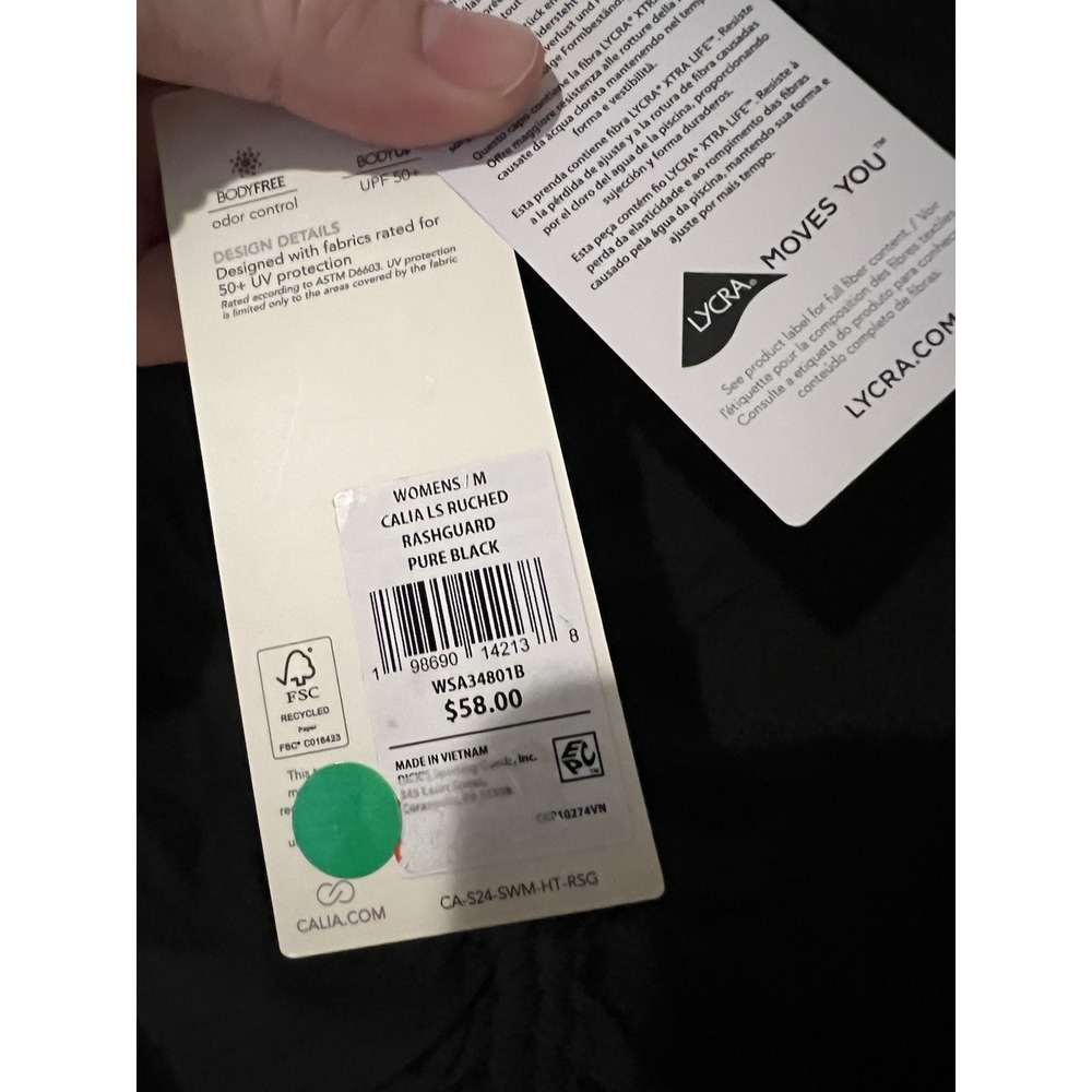 NWT Calia Rash Guard Medium Long Sleeve Ruched Top Black Womens Swim Shirt - Picture 2 of 5